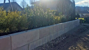 Betonblockmauer vor Hecke