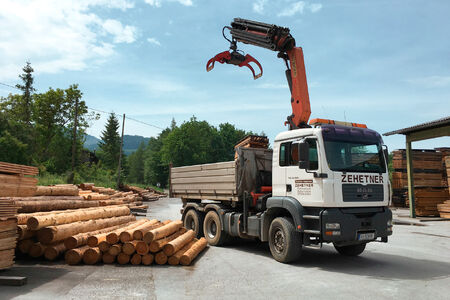 LKW neben Holzblöcken