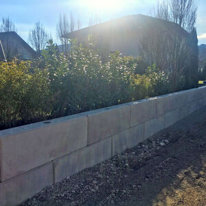 Betonblockmauer vor Hecke